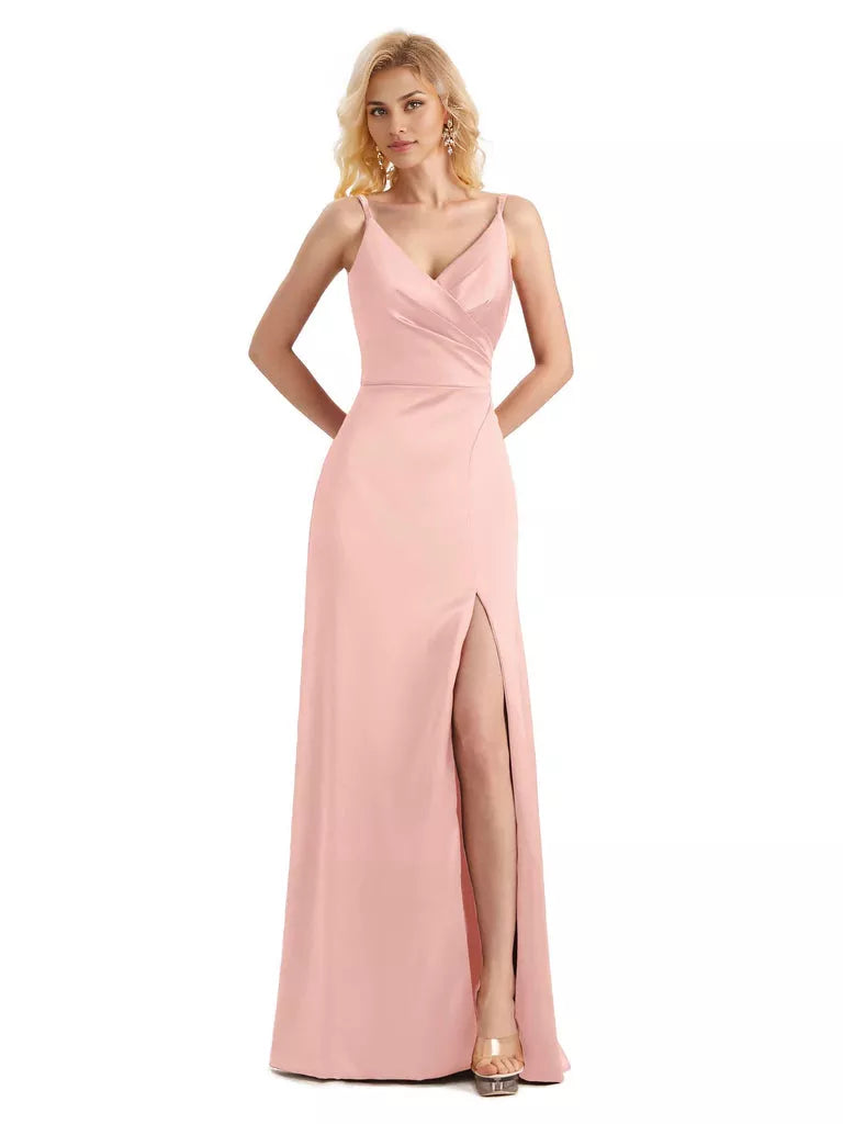 Vestido de dama de honor largo, formal, cruzado, sin mangas, con escote en V y abertura lateral de satén suave y sencillo