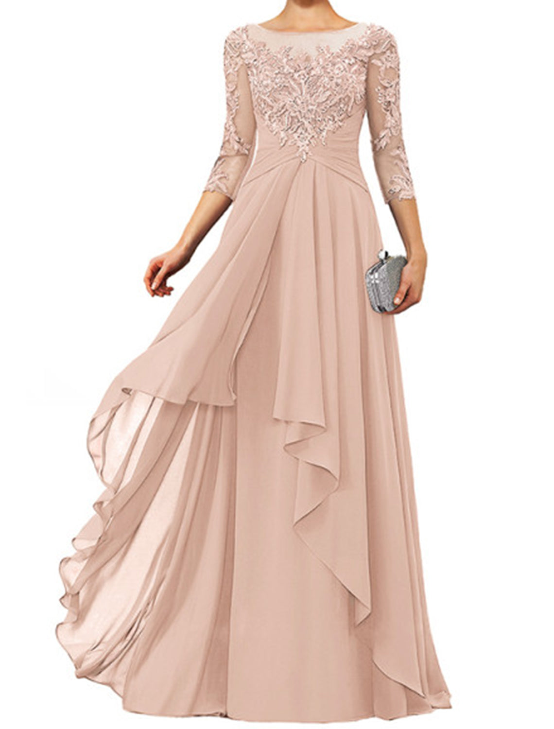 Dark Navy Chiffon A-Line Floor-Length Evening Dress - Illusion Neck Lace Appliques