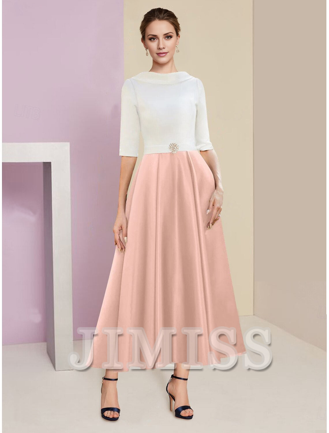 A-Line Mother of the Bride Dress Wedding Guest Elegant Vintage Jewelry Collar Tea Length Charmeuse Satin Half Sleeves with Ruffles Crystals
