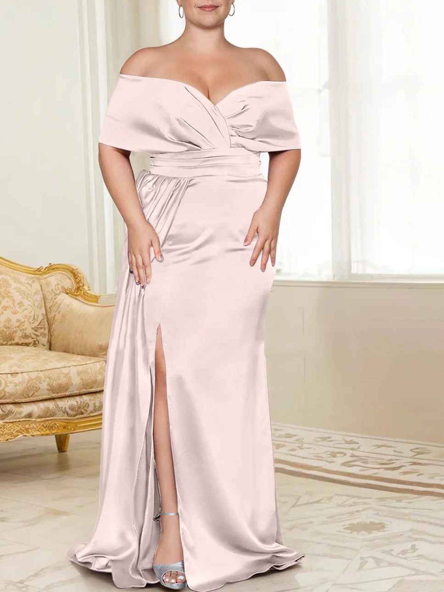 Draped Bodice Blushing Pink Satin Off-the-Shoulder Sheath/column Floor-Length Bridesmaid Dress