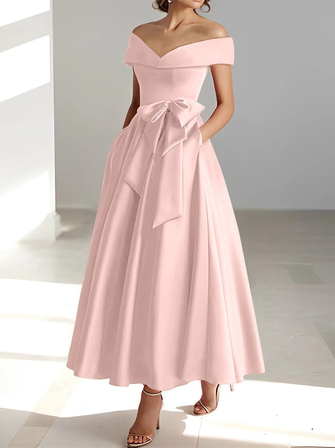 Vestidos de madre de la novia con bolsillos y hombros descubiertos, corte A/Princesa