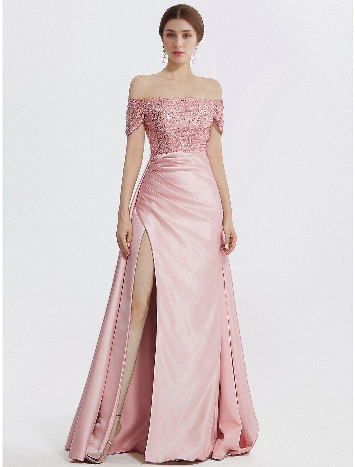 Sheath Column Evening Gown Elegant Dress Formal Floor Length Short Sleeve Off Shoulder Sequined with Glitter Pleats Slit