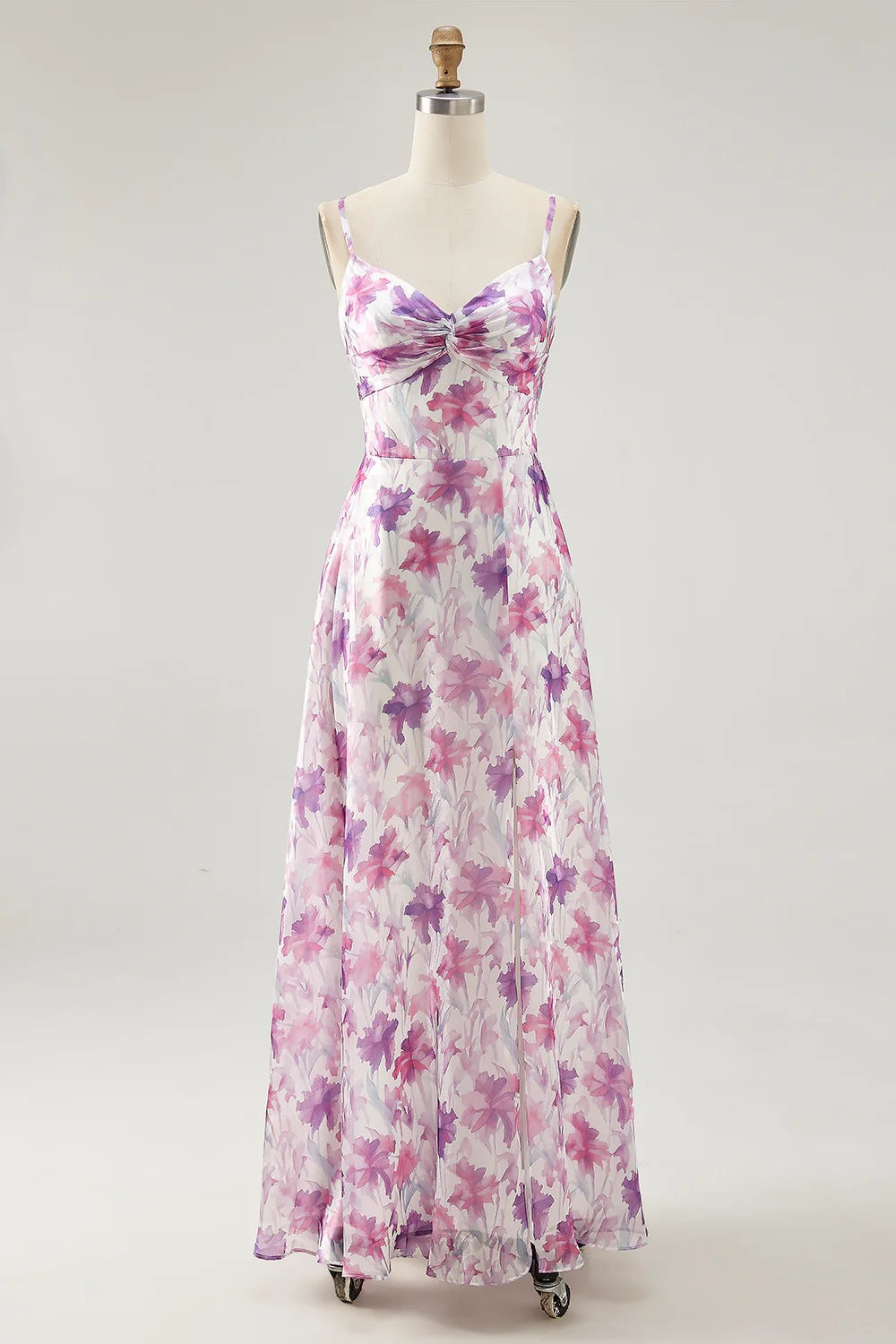 Pink-Purple Floral Spaghetti Strap Chiffon Maxi Dress