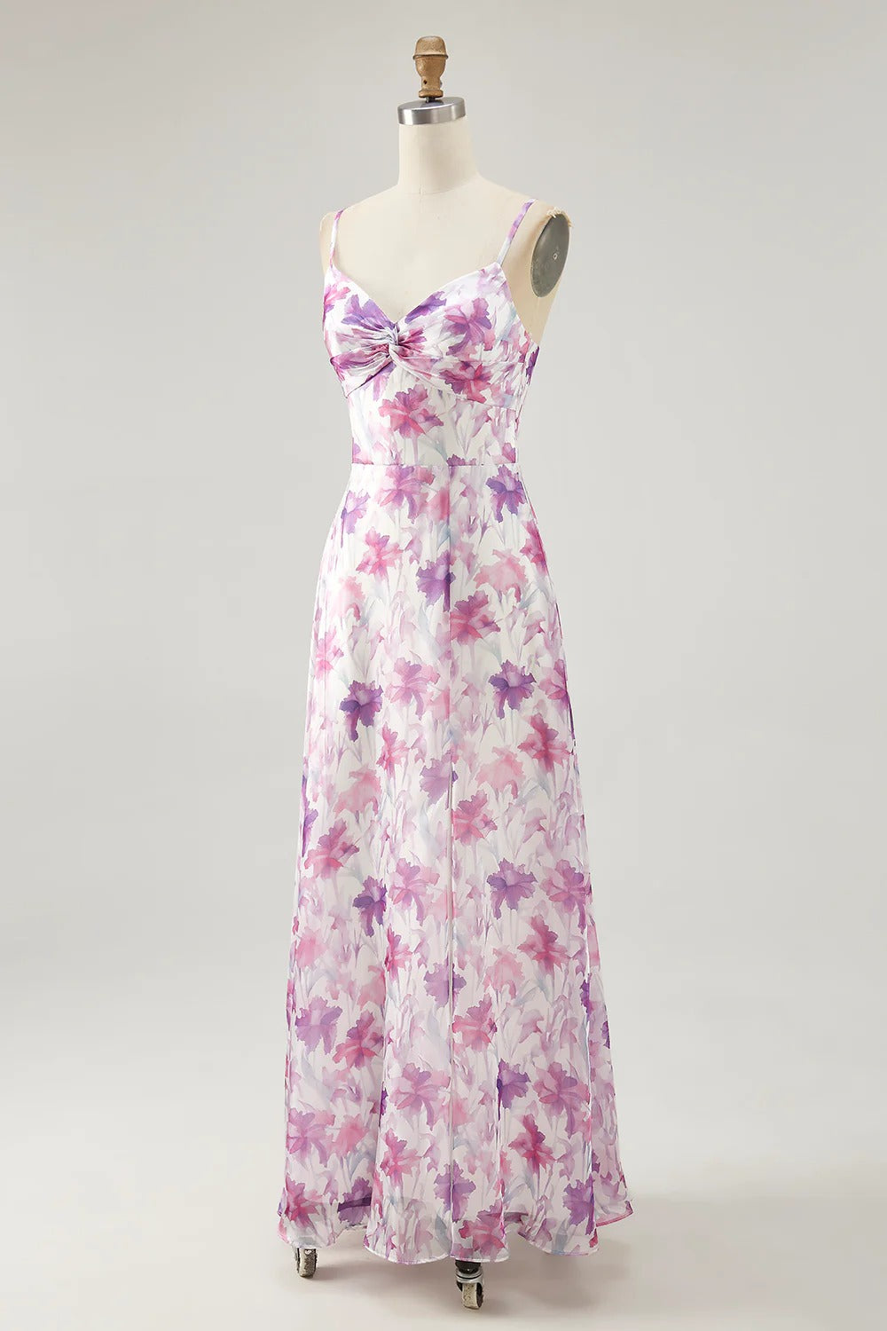 Pink-Purple Floral Spaghetti Strap Chiffon Maxi Dress