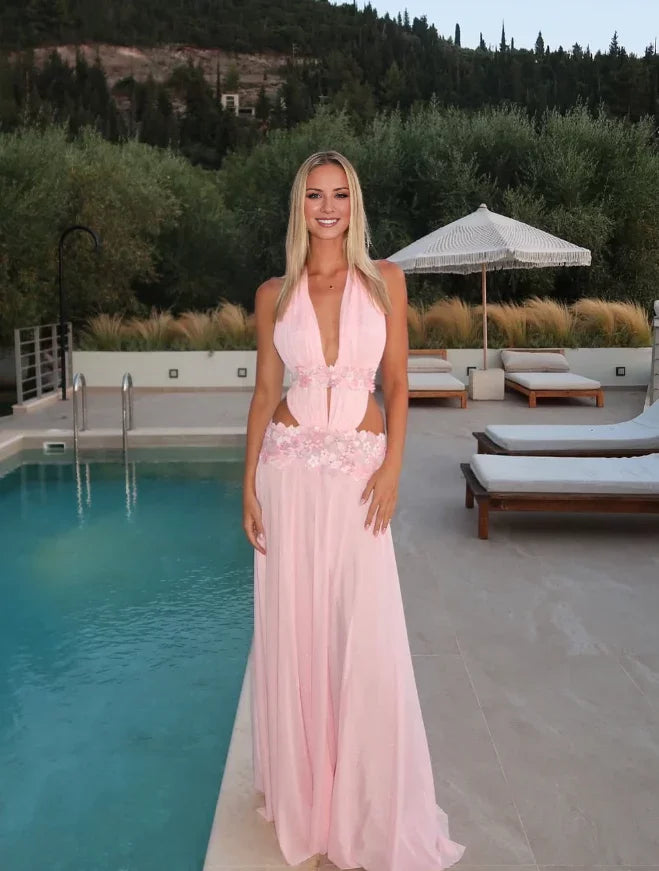 Pink A Line V Neck Floral Chiffon Open Back Floor-Length Evening Dress