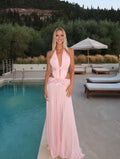 Pink Chiffon A-Line Floor-Length Evening Dress with Halter Neckline & Plunging V-neck