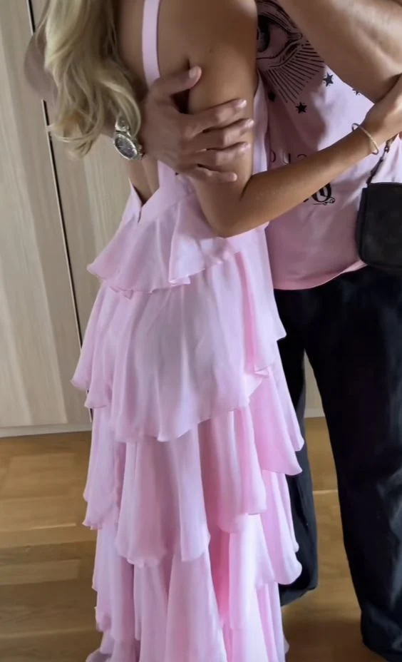 Pink Chiffon Tiered Ruffle Backless One-Shoulder Evening Dresses