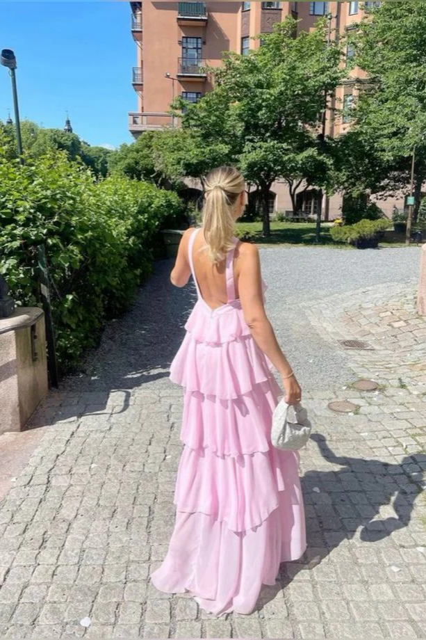 Pink Chiffon Tiered Ruffle Backless One-Shoulder Evening Dresses