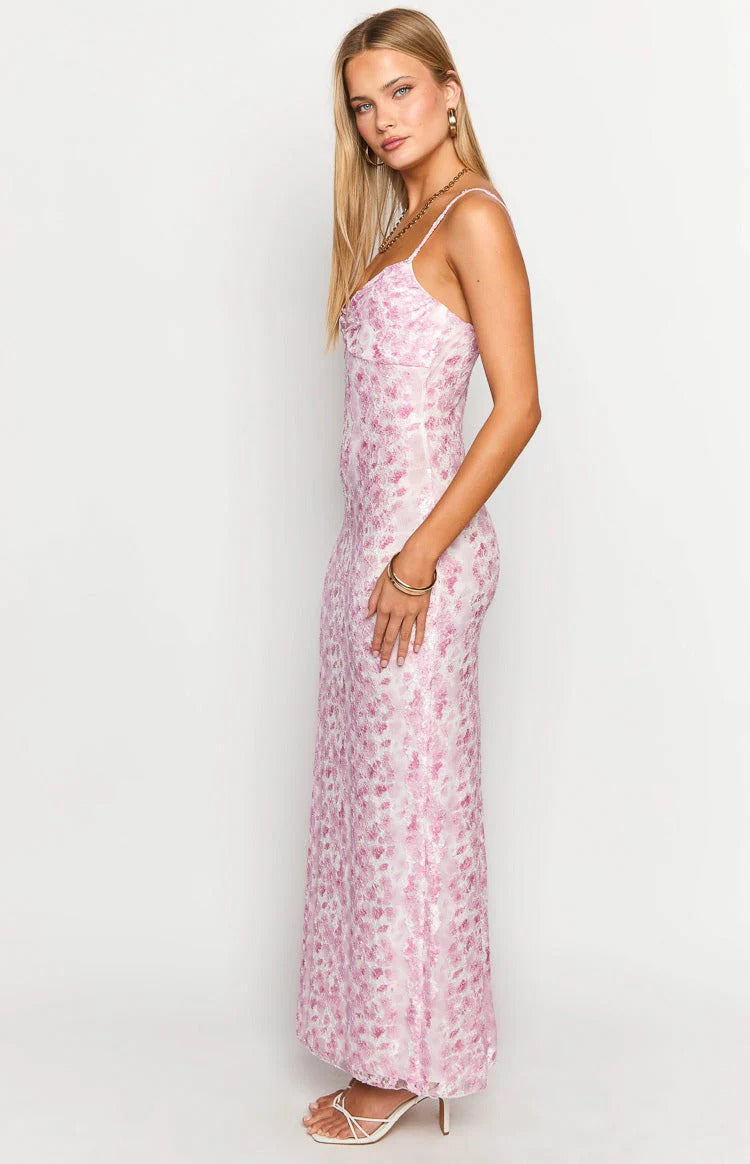 Pink Floral Lace Spaghetti Strap Maxi Dress – Sweetheart Twist Bust Formal Dress