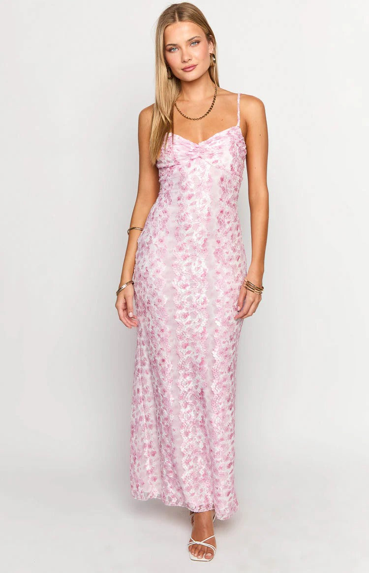Pink Floral Lace Spaghetti Strap Maxi Dress – Sweetheart Twist Bust Formal Dress