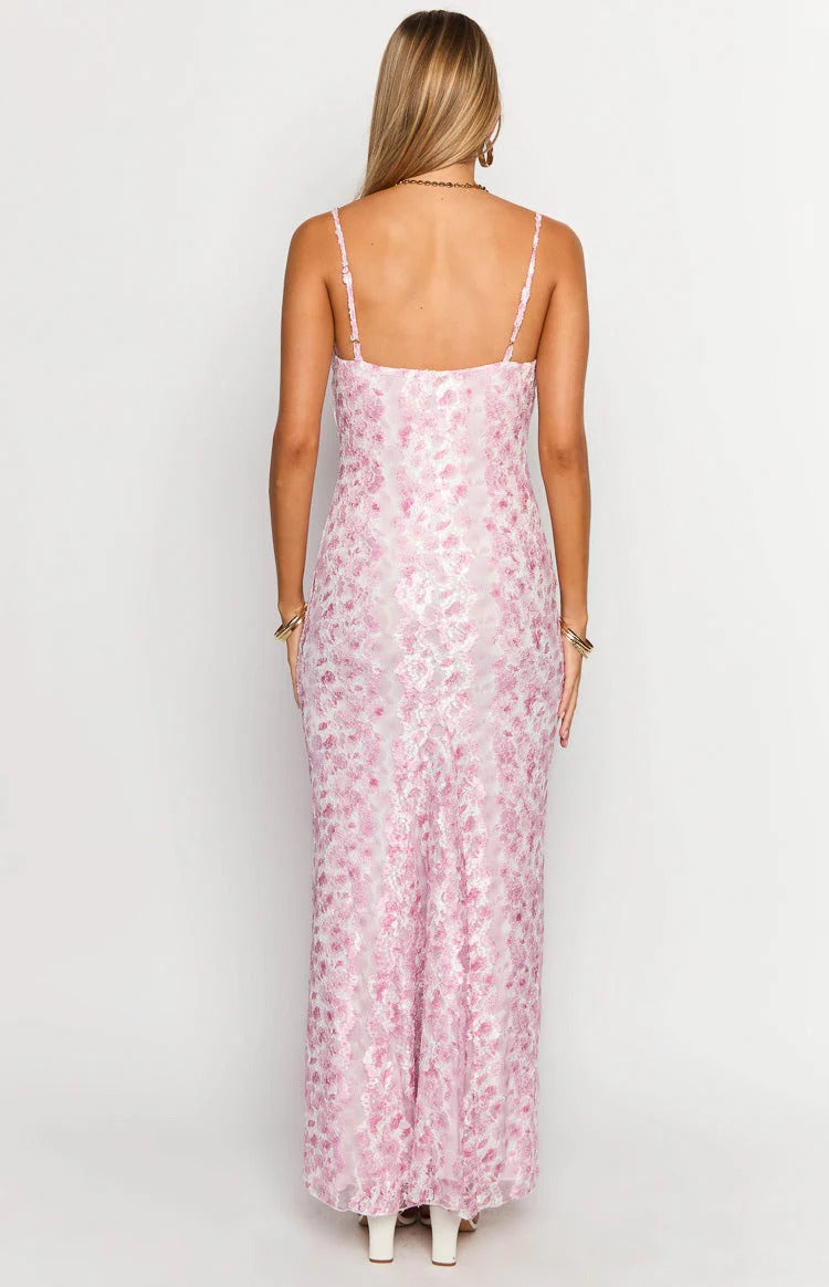 Pink Floral Lace Spaghetti Strap Maxi Dress – Sweetheart Twist Bust Formal Dress
