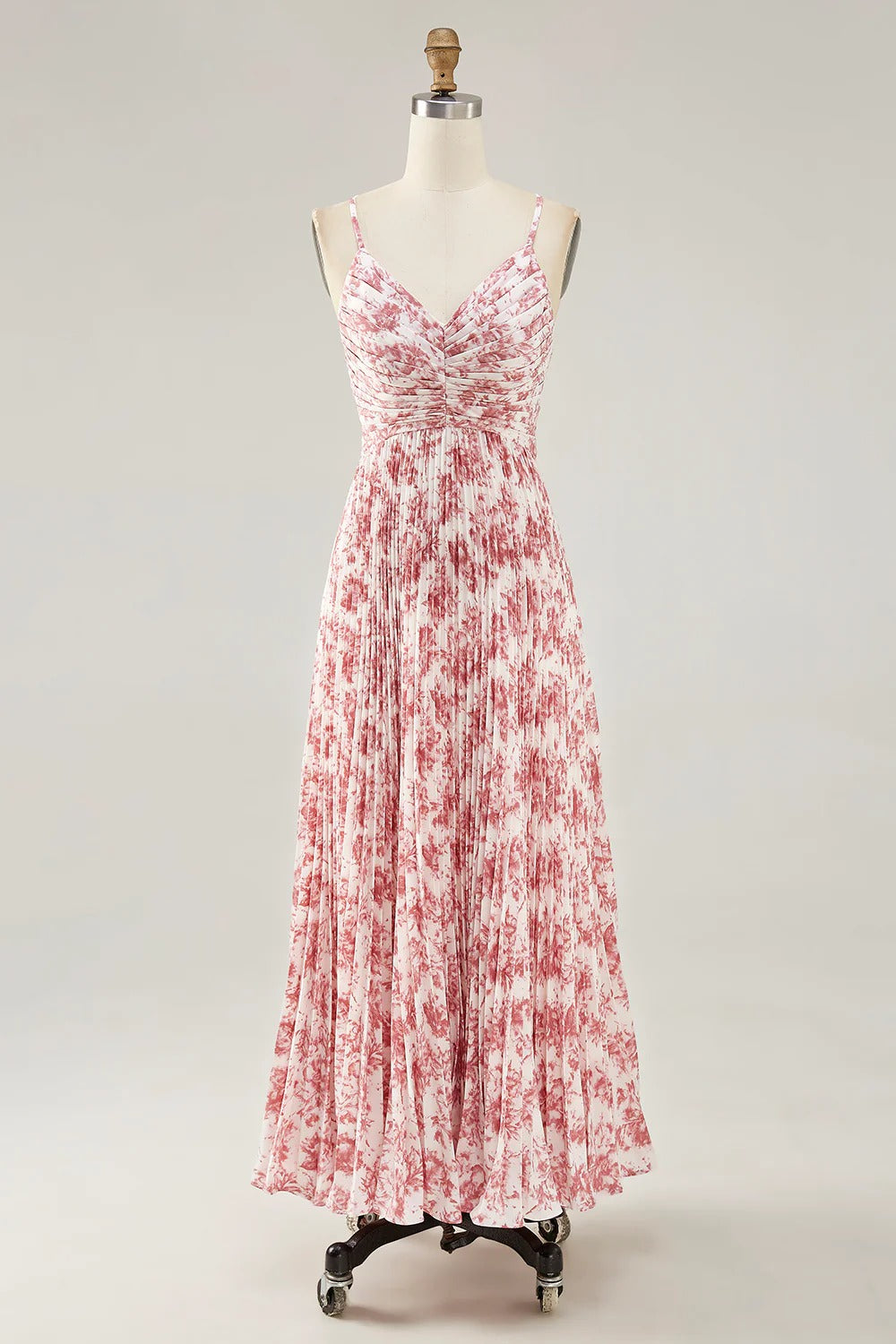 Pink Floral Pleated Maxi Dress with Bow Back Cutout