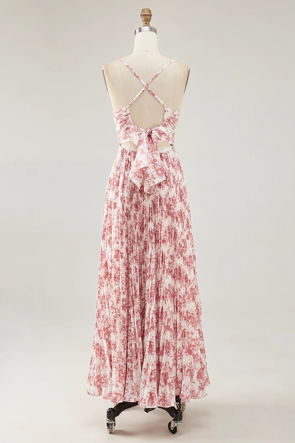 Pink Floral Pleated Maxi Dress with Bow Back Cutout