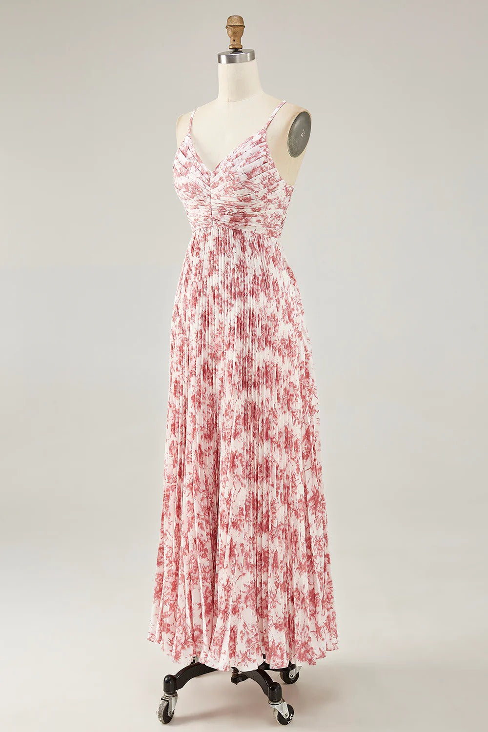 Pink Floral Pleated Maxi Dress with Bow Back Cutout