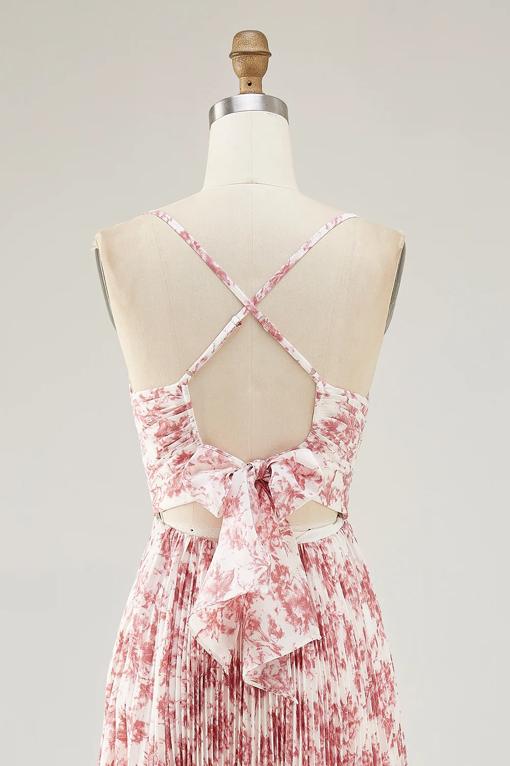Pink Floral Pleated Maxi Dress with Bow Back Cutout