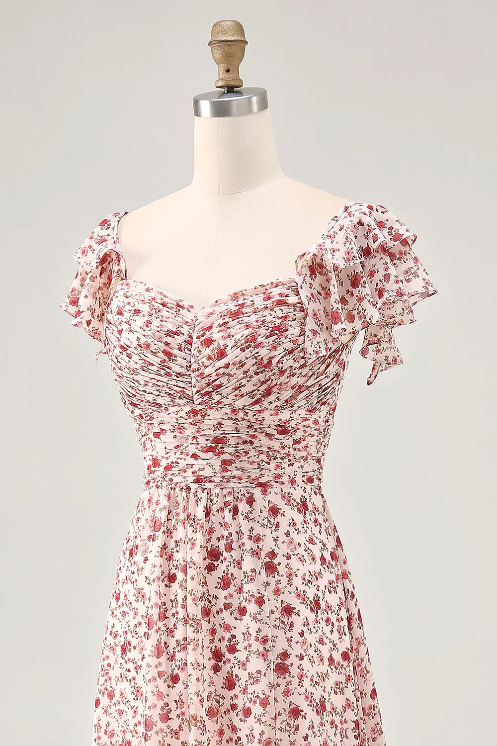 Pink Floral Ruffled Cap Sleeve Maxi Dress with Lace-Up Back
