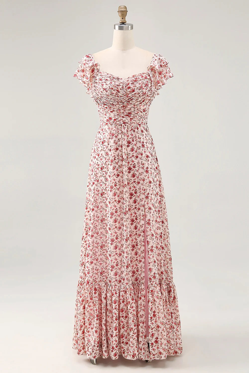 Pink Floral Ruffled Cap Sleeve Maxi Dress with Lace-Up Back