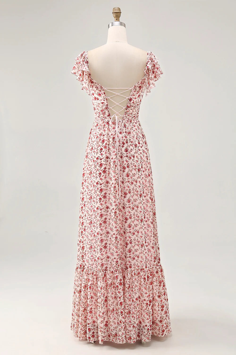 Pink Floral Ruffled Cap Sleeve Maxi Dress with Lace-Up Back