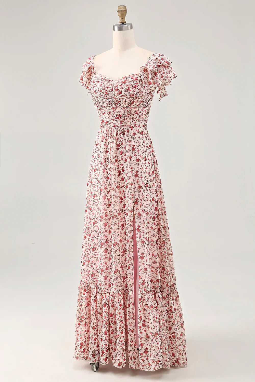 Pink Floral Ruffled Cap Sleeve Maxi Dress with Lace-Up Back