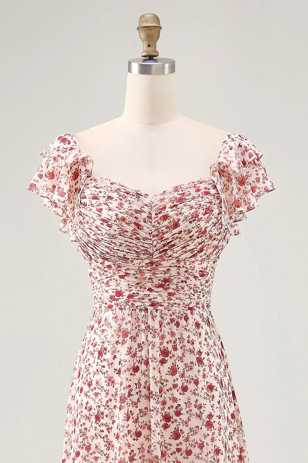 Pink Floral Ruffled Cap Sleeve Maxi Dress with Lace-Up Back