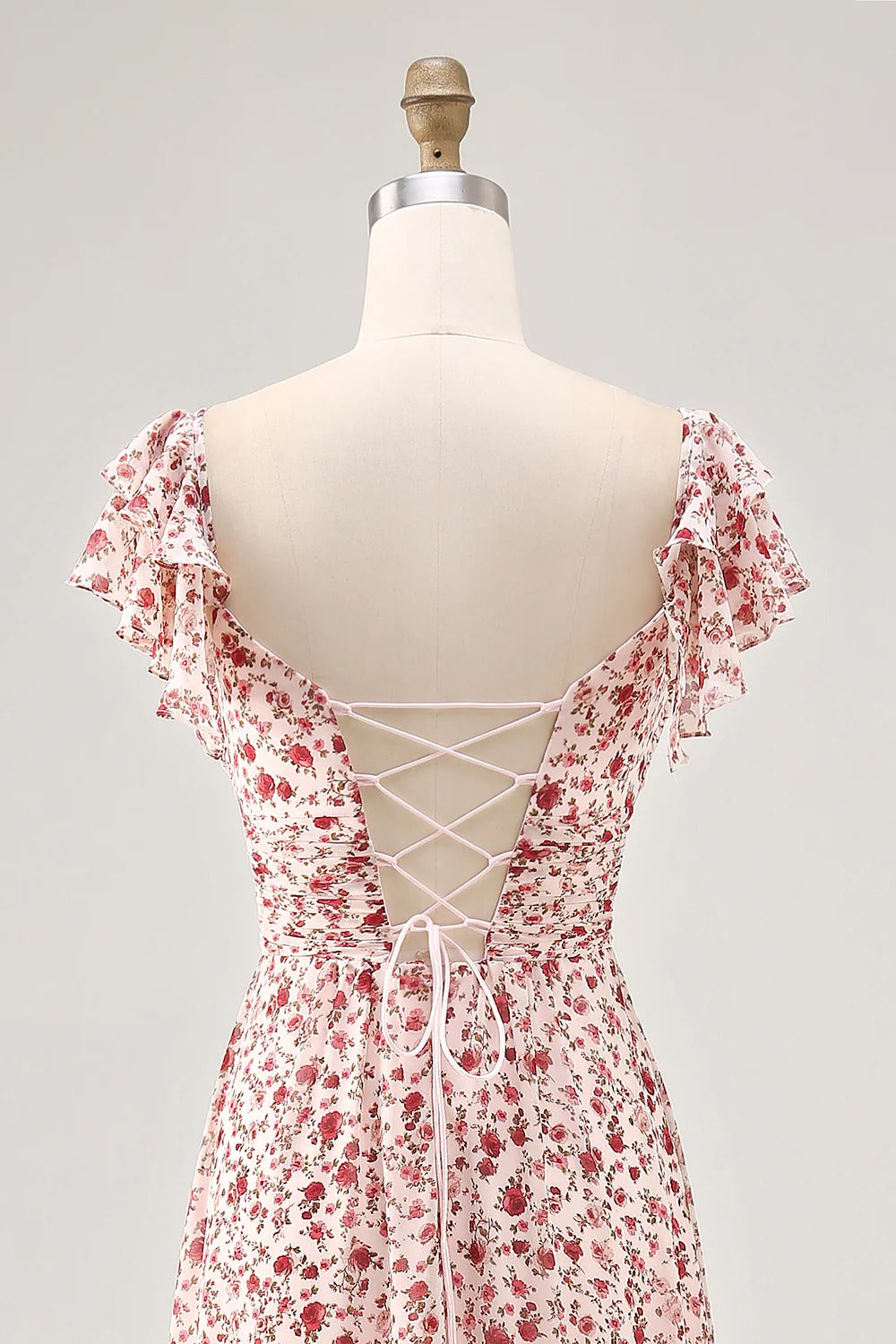 Pink Floral Ruffled Cap Sleeve Maxi Dress with Lace-Up Back