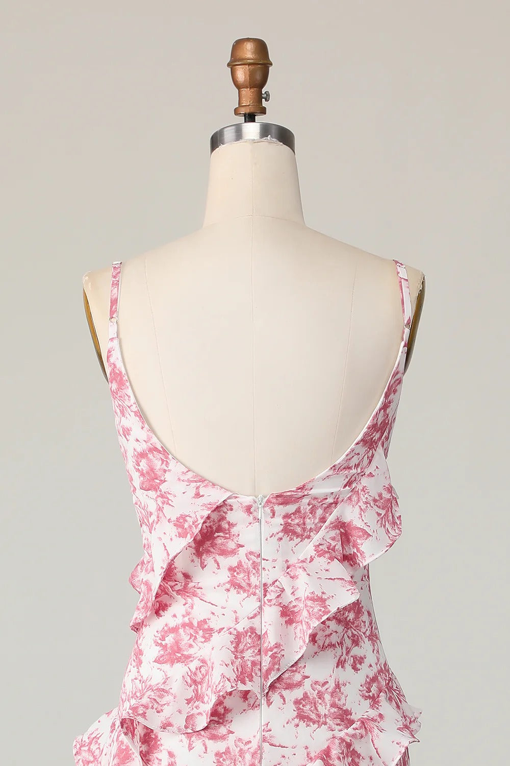 Pink Floral Ruffled Spaghetti Strap Maxi Dress – V-Back Formal Gown