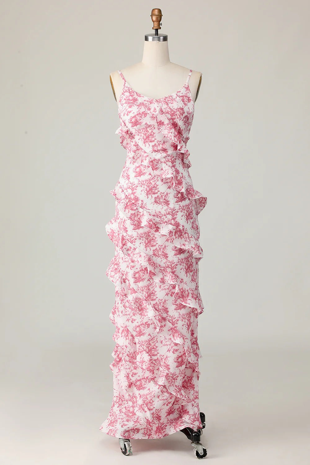 Pink Floral Ruffled Spaghetti Strap Maxi Dress – V-Back Formal Gown