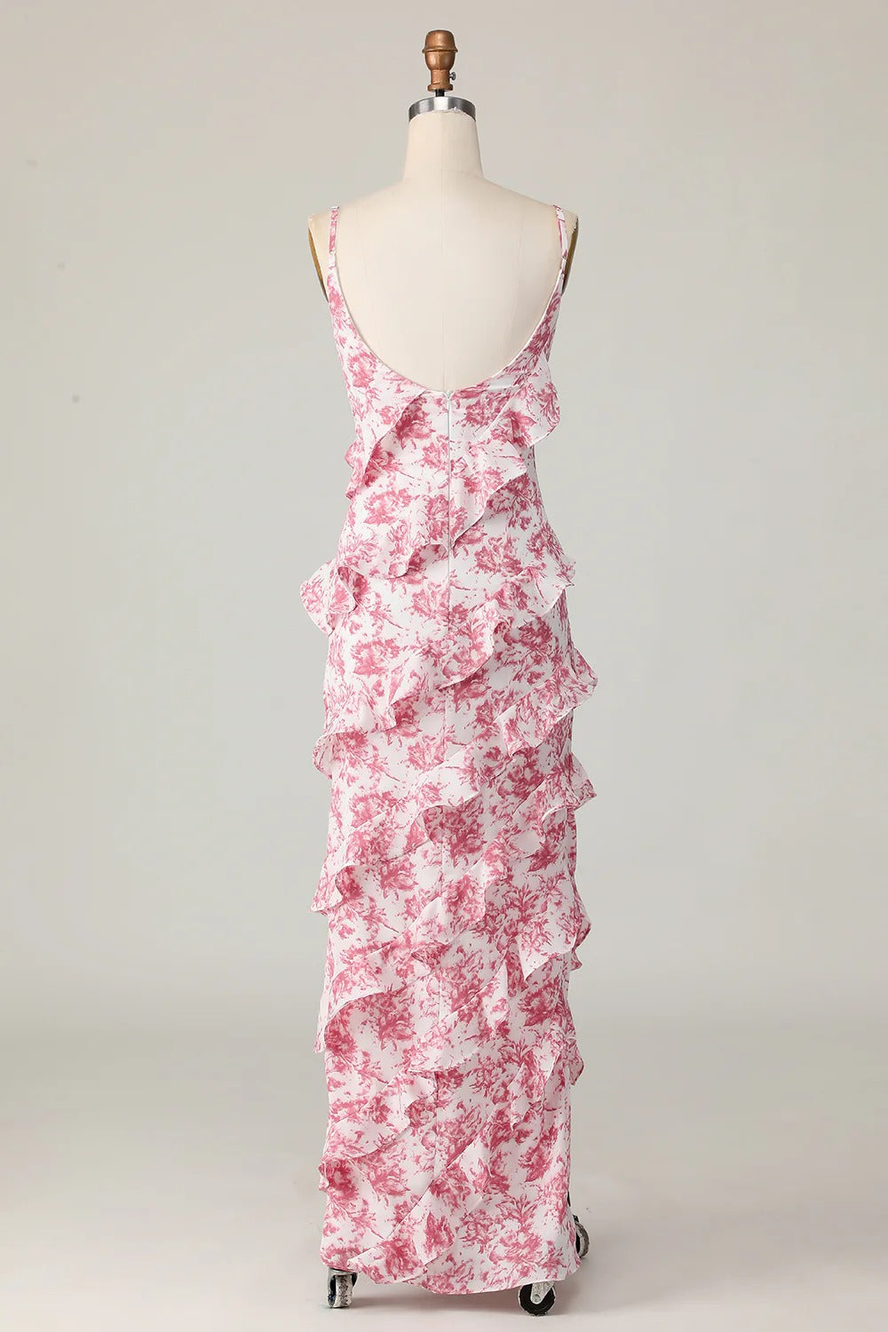 Pink Floral Ruffled Spaghetti Strap Maxi Dress – V-Back Formal Gown