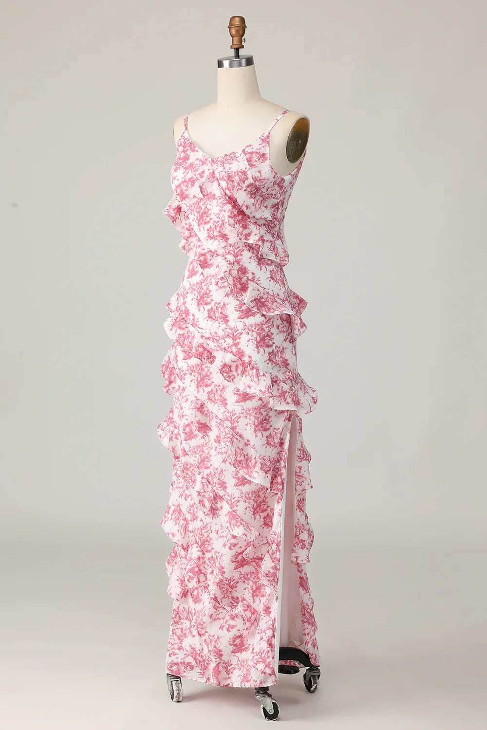 Pink Floral Ruffled Spaghetti Strap Maxi Dress – V-Back Formal Gown