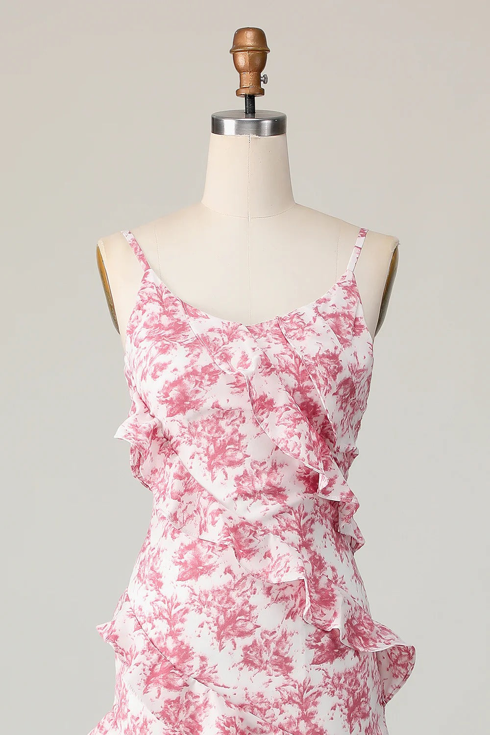 Pink Floral Ruffled Spaghetti Strap Maxi Dress – V-Back Formal Gown