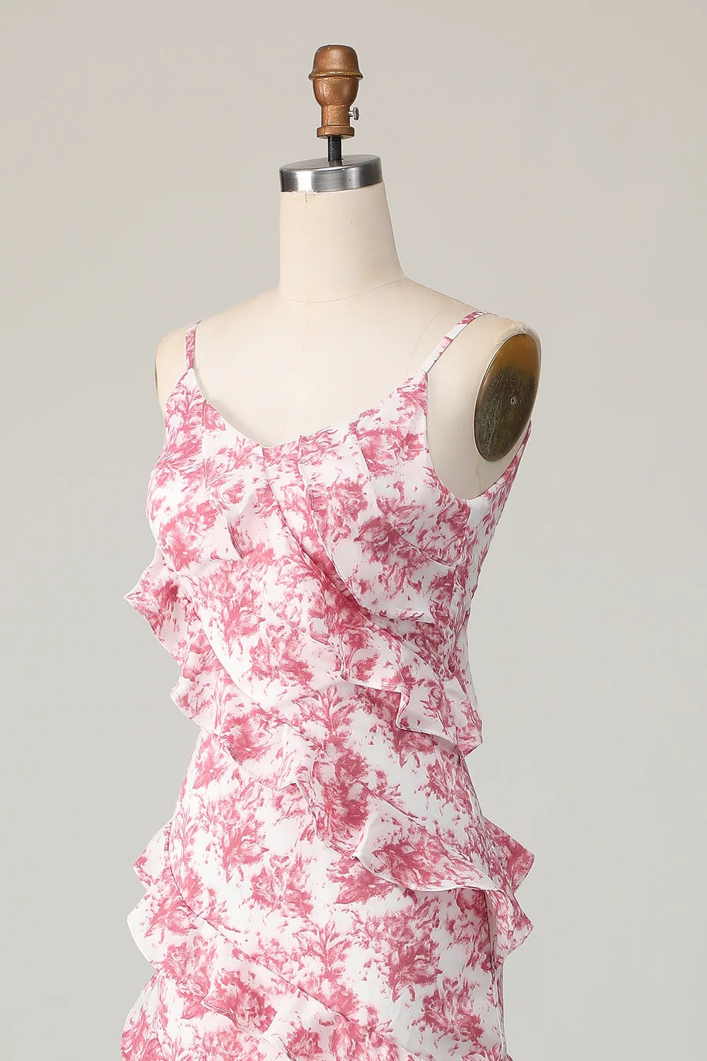 Pink Floral Ruffled Spaghetti Strap Maxi Dress – V-Back Formal Gown
