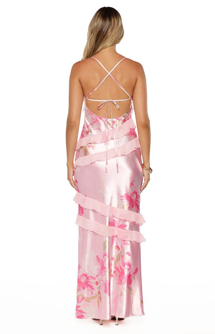 Pink Floral Satin Ruffle Trim Open Back Maxi Dress