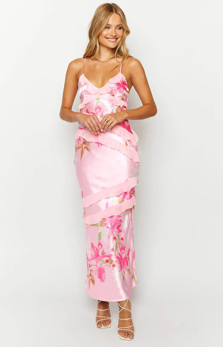Pink Floral Satin Ruffle Trim Open Back Maxi Dress