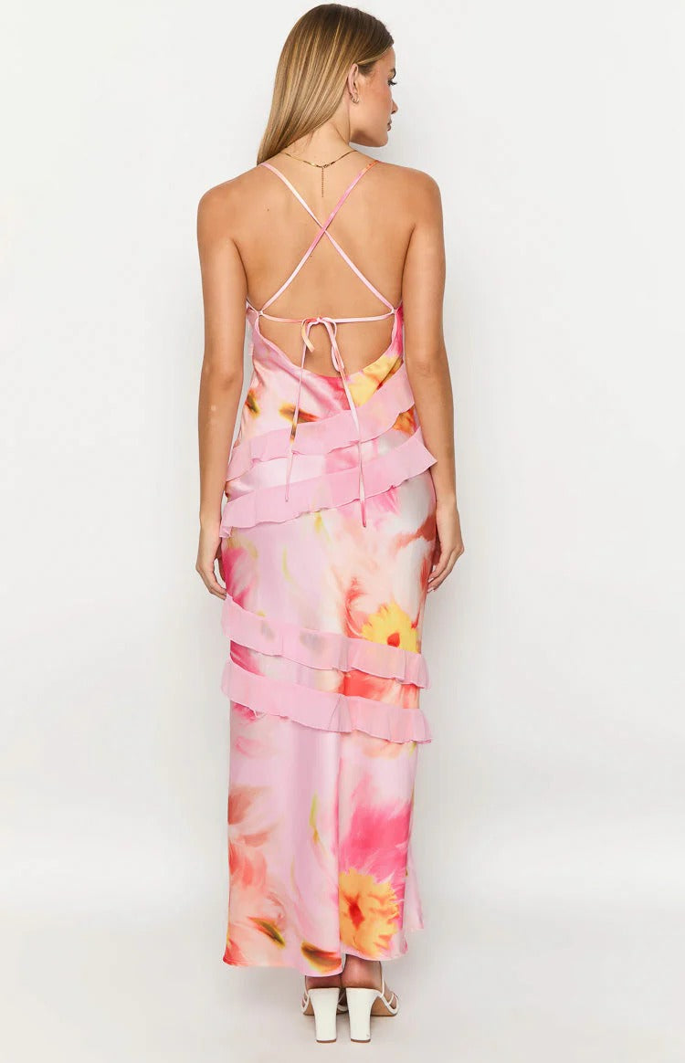 Pink Floral Satin Ruffled Open Back Maxi Dress