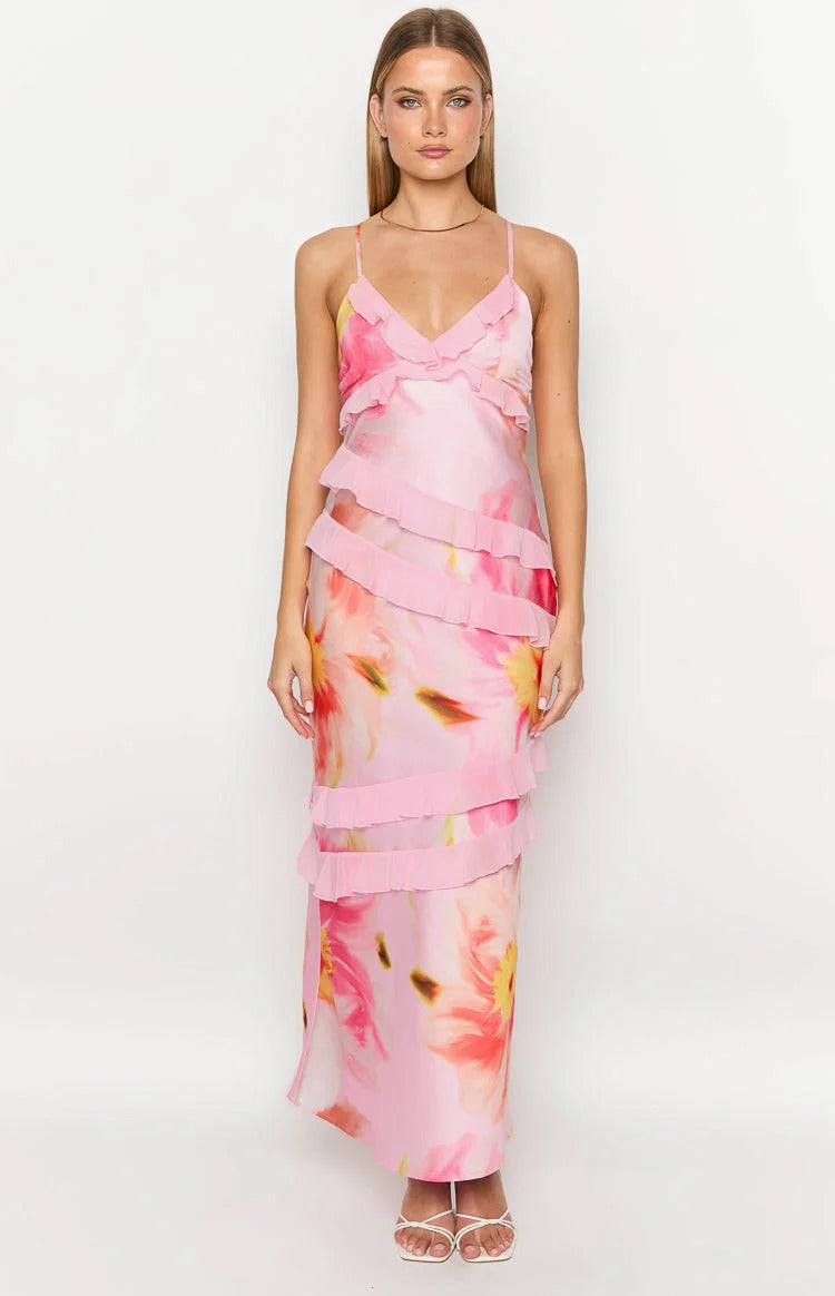 Pink Floral Satin Ruffled Open Back Maxi Dress