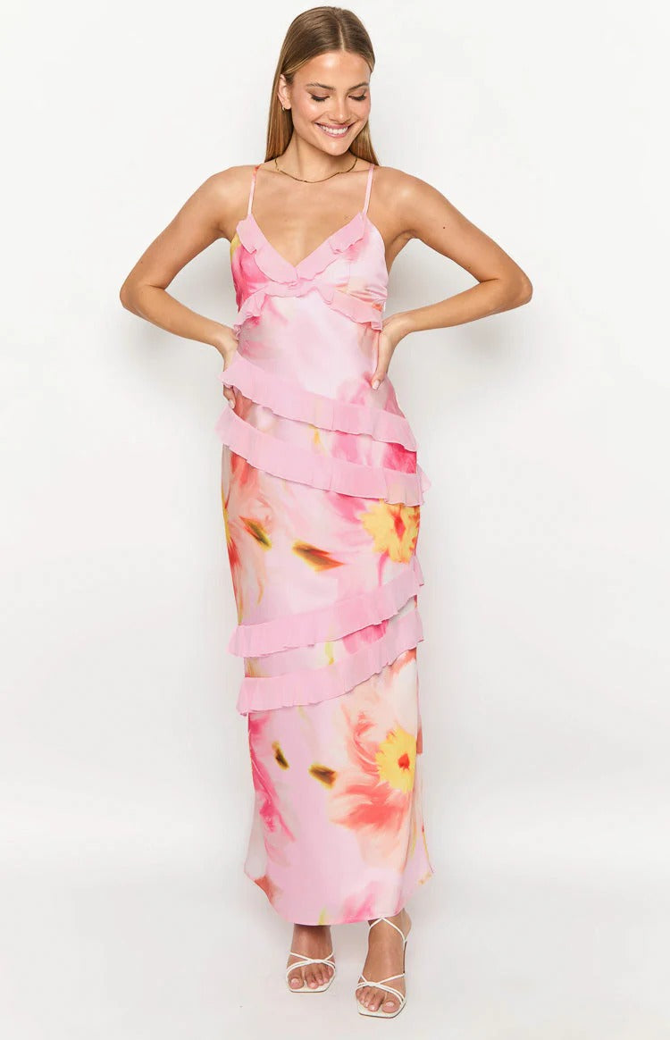 Pink Floral Satin Ruffled Open Back Maxi Dress
