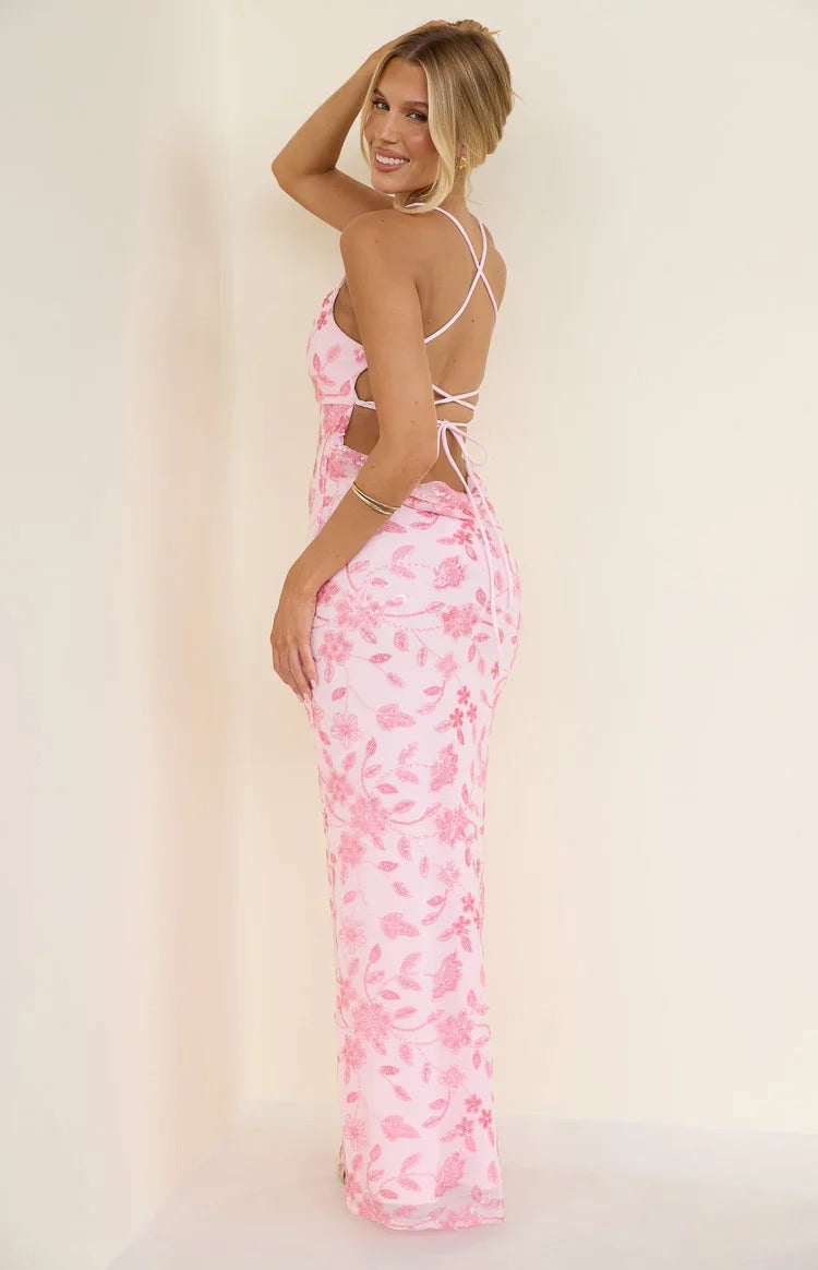 Pink Floral Sequin Lace-Up Open Back Maxi Gown