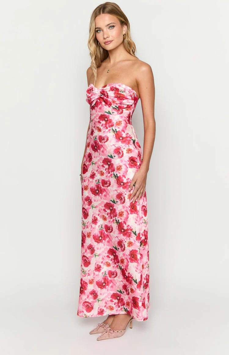 Pink Floral Strapless Maxi Dress – Sweetheart Twist Bust Satin Formal Dress for Weddings