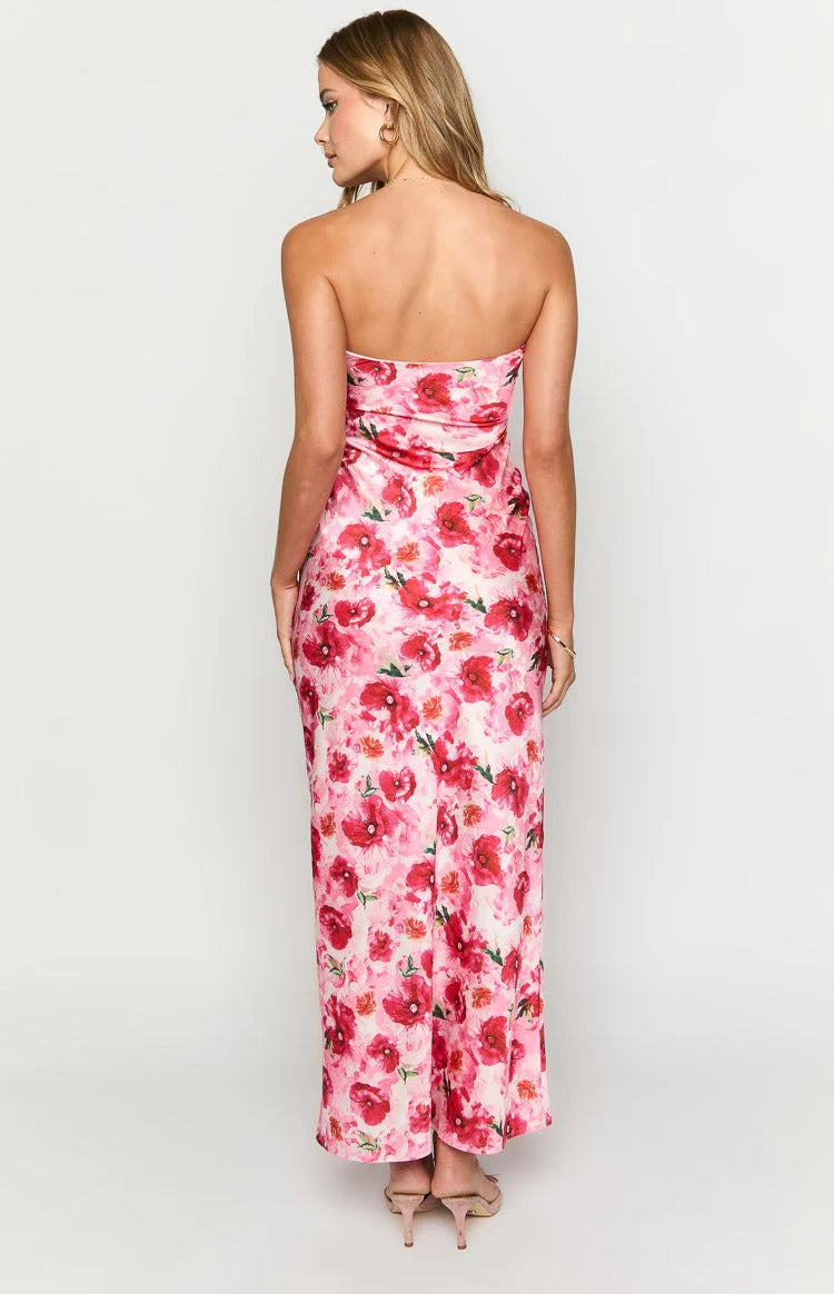 Pink Floral Strapless Maxi Dress – Sweetheart Twist Bust Satin Formal Dress for Weddings
