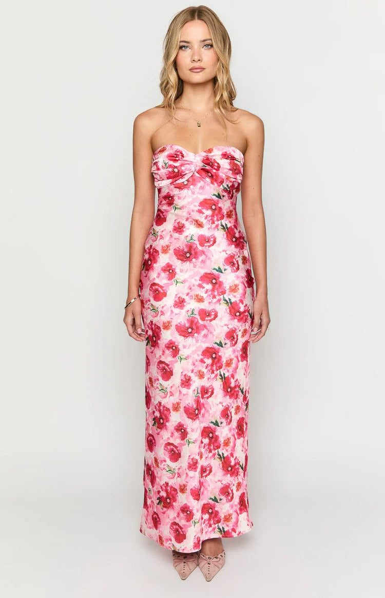 Pink Floral Strapless Maxi Dress – Sweetheart Twist Bust Satin Formal Dress for Weddings
