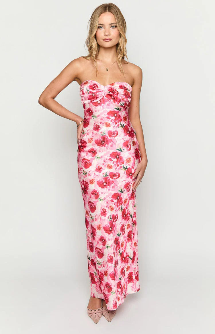 Pink Floral Strapless Maxi Dress – Sweetheart Twist Bust Satin Formal Dress for Weddings