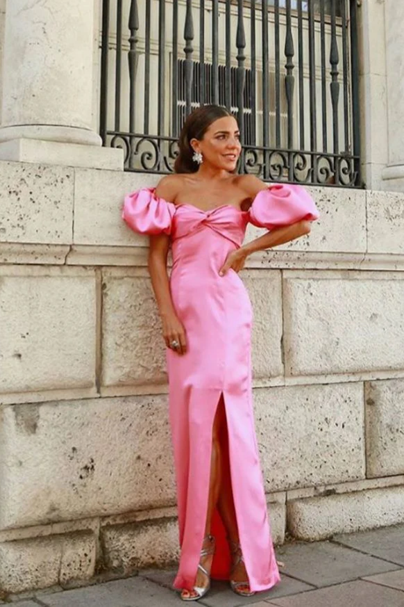 Pink Satin Off-the-Shoulder Puff Sleeve Slit Mermaid Evening Dresses