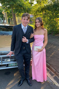 Pink Satin Sheath/column Floor-Length Evening Dress with Backless Design