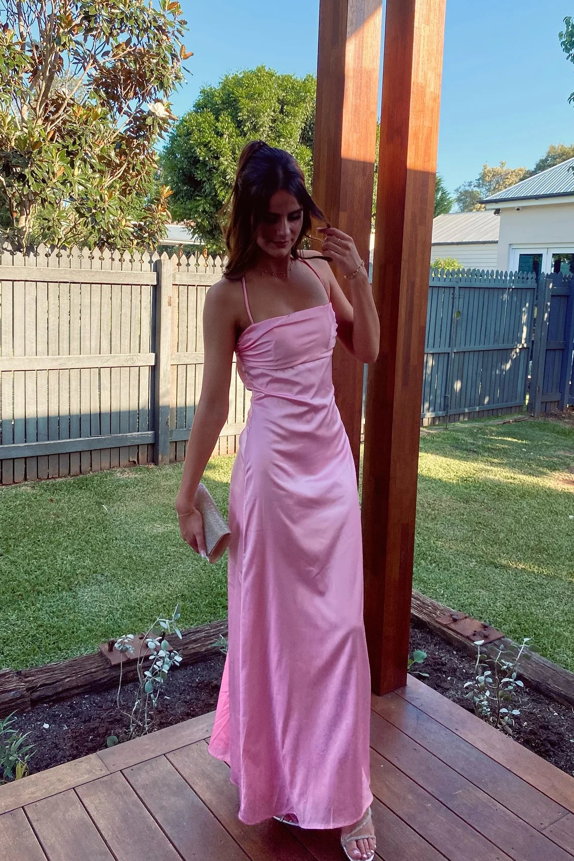 Pink Satin Ruched Spaghetti Strap Prom Dresses Slim Maxi Formal Evening Gown