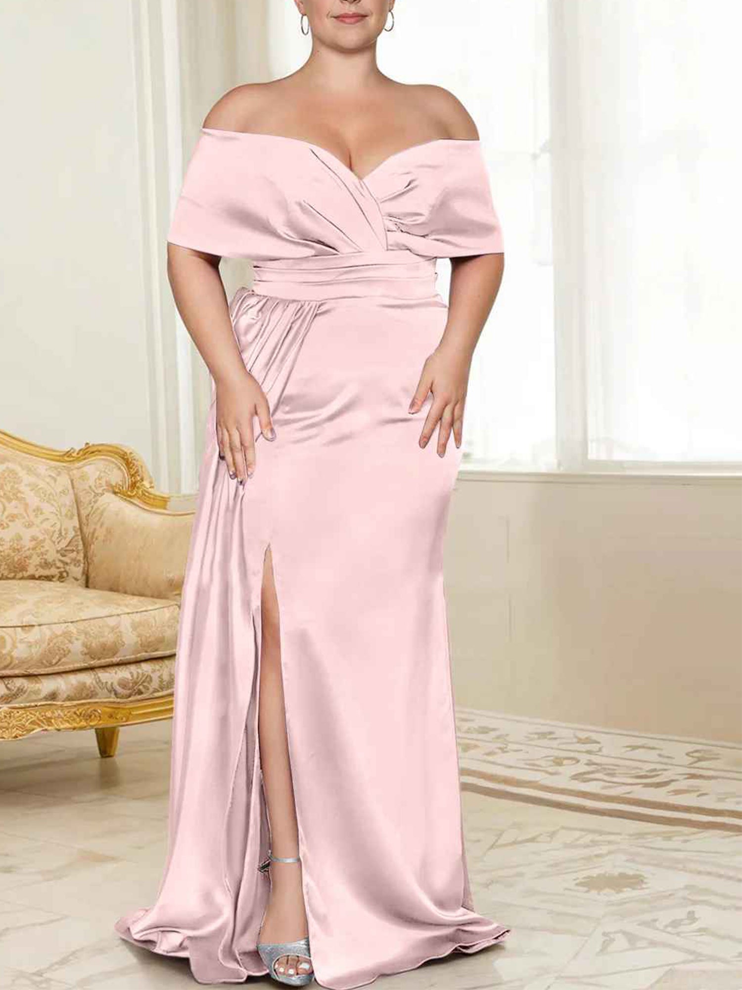 Draped Bodice Blushing Pink Satin Off-the-Shoulder Sheath/column Floor-Length Bridesmaid Dress
