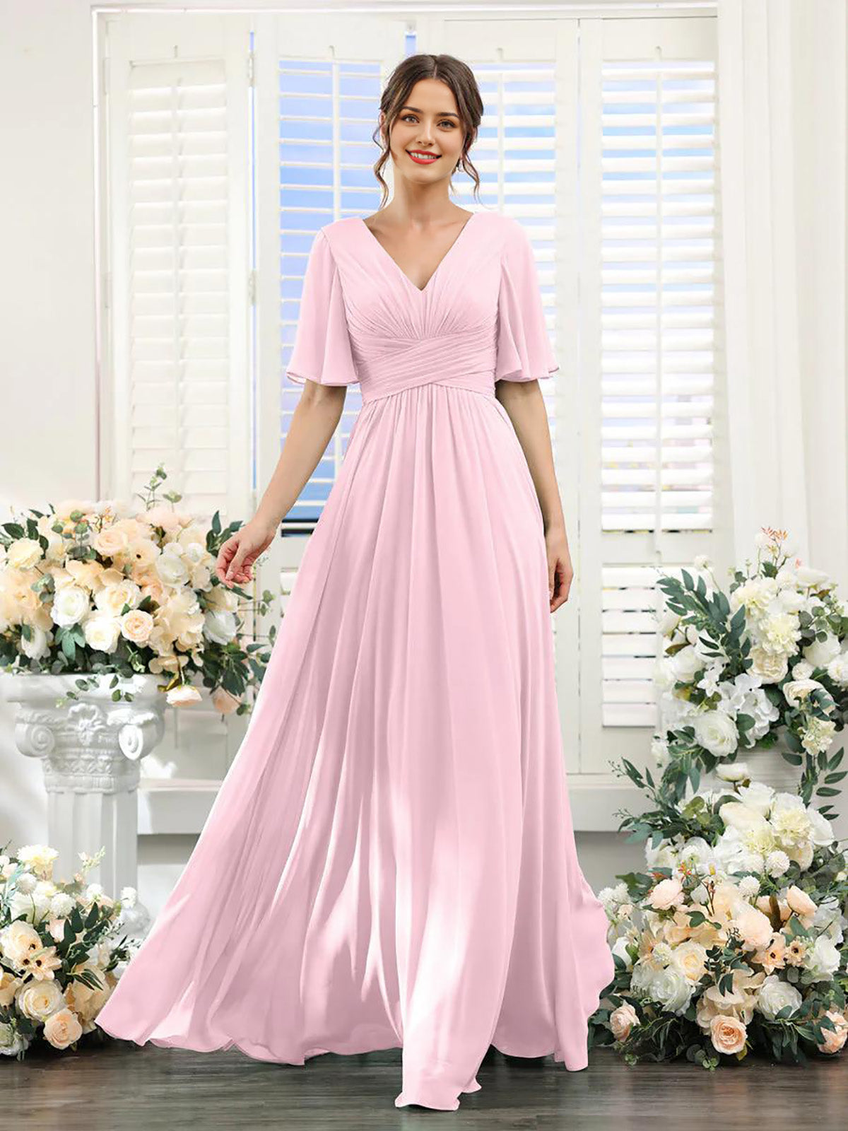Mint Green Chiffon A-Line Floor-Length Bridesmaid Dress | V-Neck, Ruched Bodice & High Slit