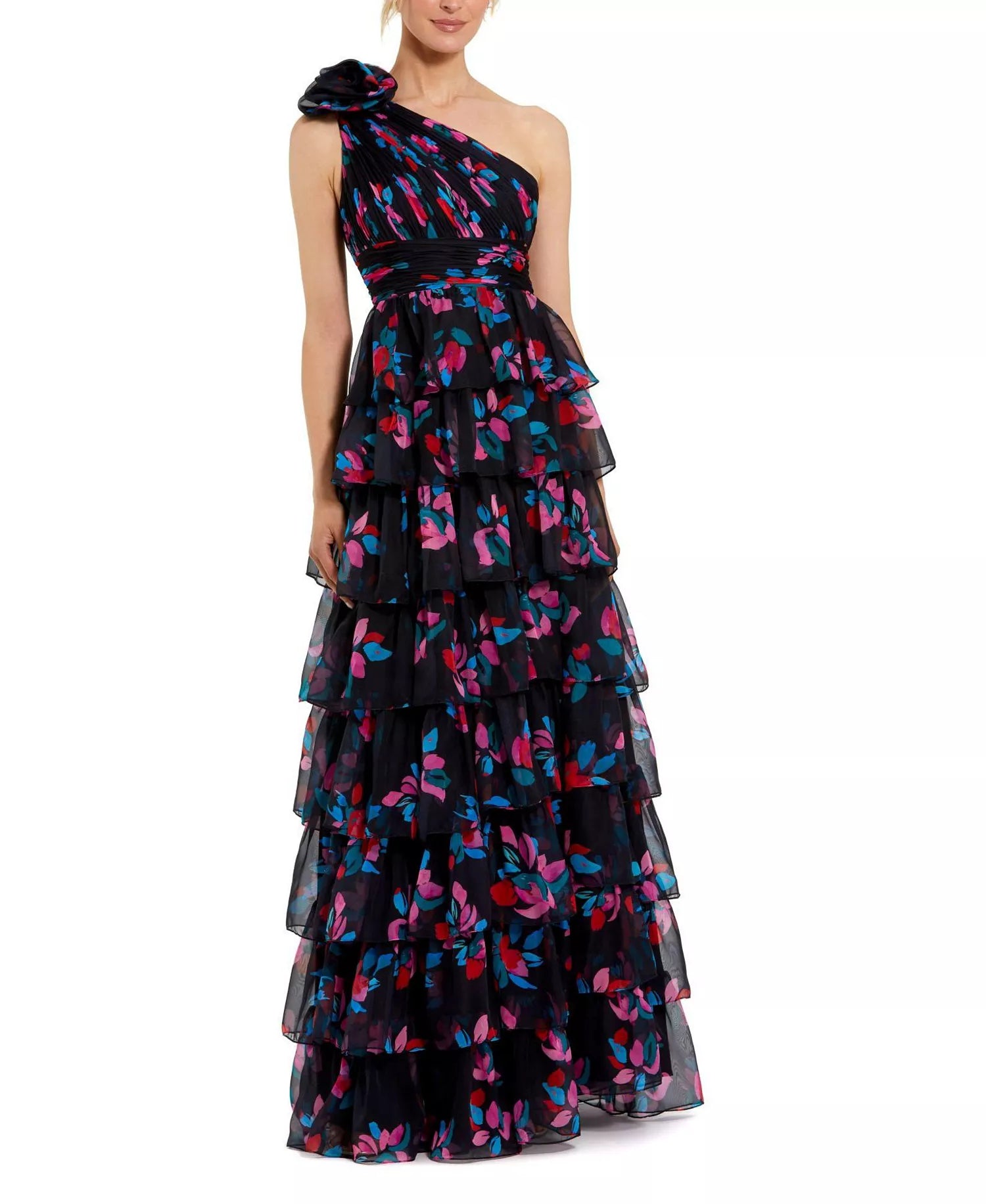 Playful Voluminous A-Line One-Shoulder Floral Print Ruffle Tiered Maxi Prom Dress