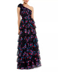 Black Floral Print One Shoulder A-Line Floor-Length Evening Dress