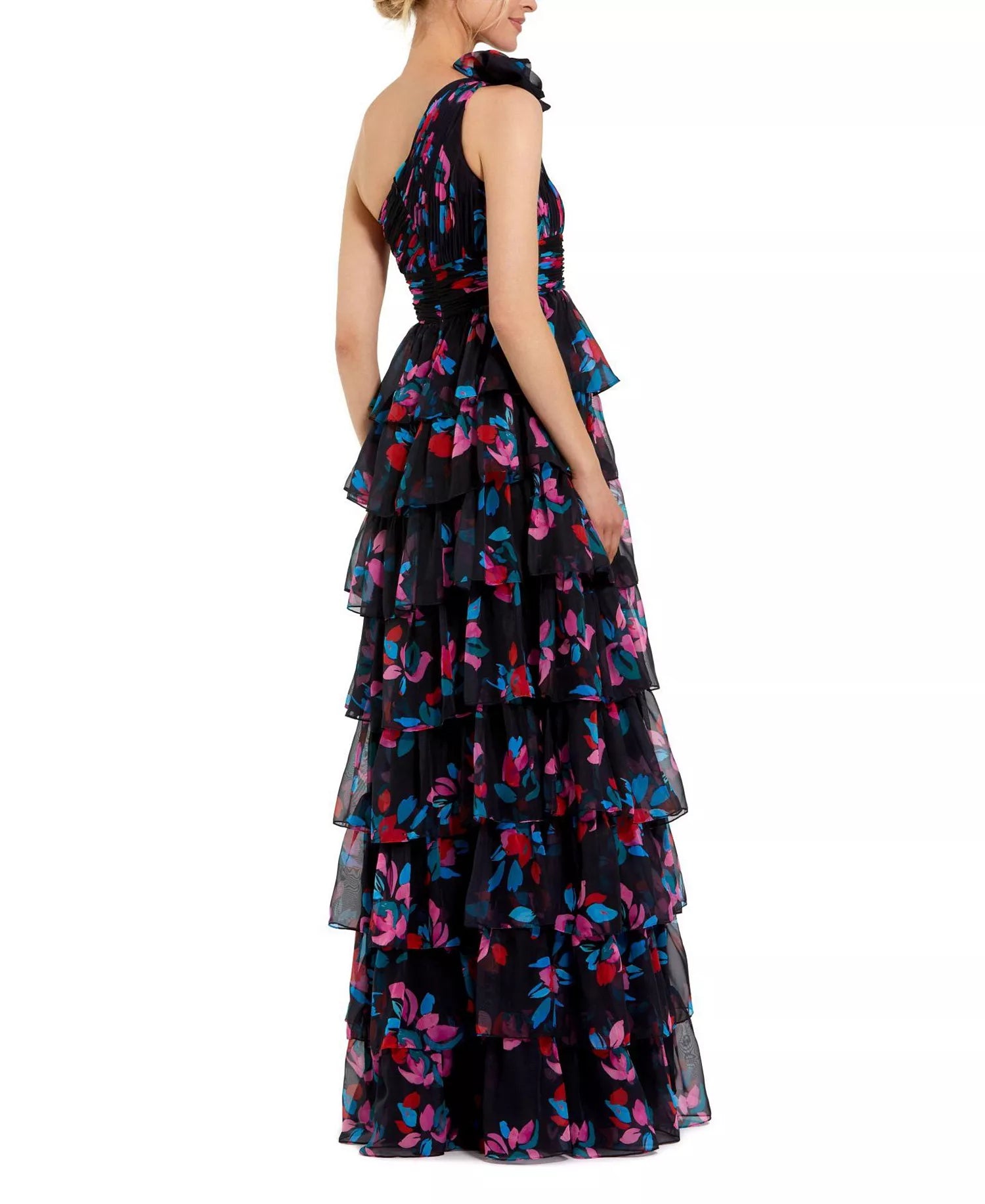 Playful Voluminous A-Line One-Shoulder Floral Print Ruffle Tiered Maxi Prom Dress