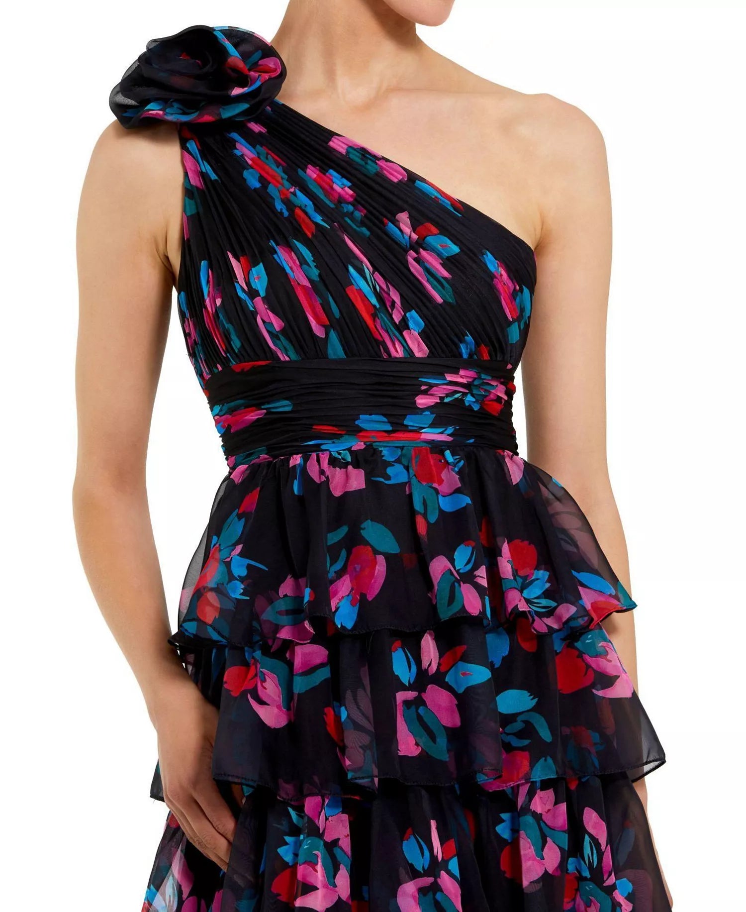 Playful Voluminous A-Line One-Shoulder Floral Print Ruffle Tiered Maxi Prom Dress